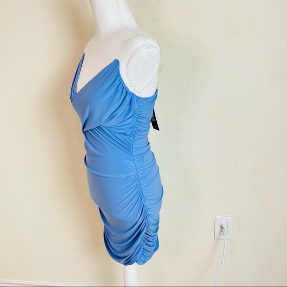 NWT Fashion Nova Baby Blue Ruched V-Neck Clear Strap Bodycon Mini Dress - Picture 5 of 8